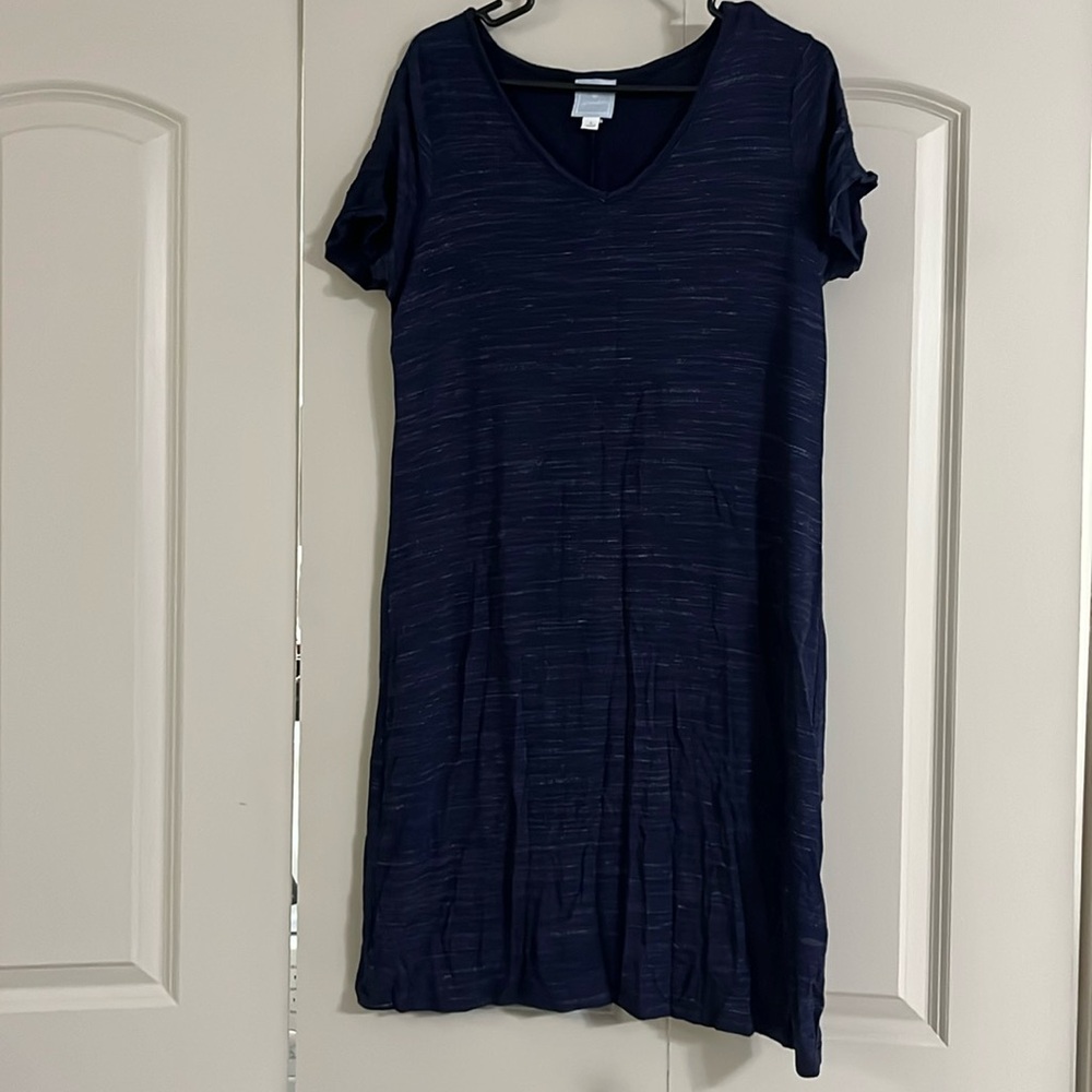 Blue jersey dress with white stripes that are very faint.
